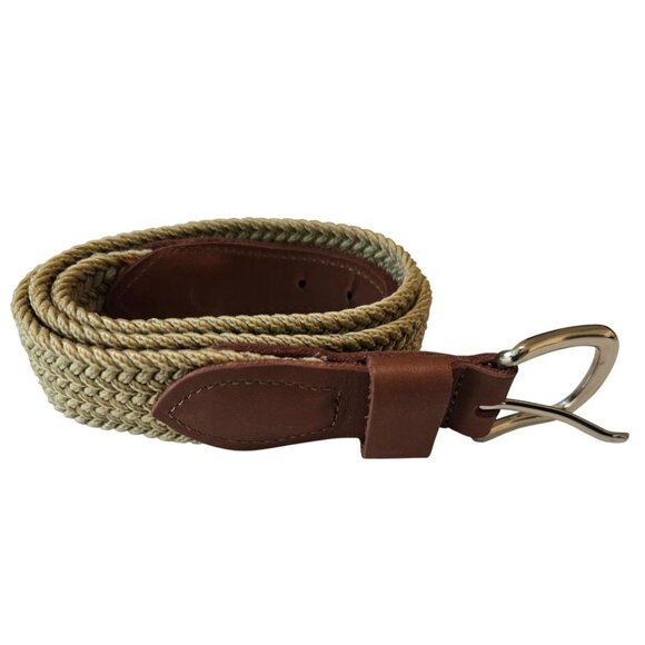 Braided Tan Woven Belt With Brown Leather Accents & Silver Buckle Made In USA Si - Picture 1 of 7